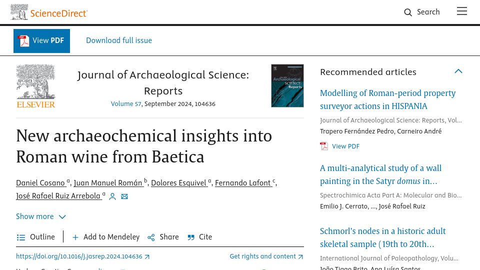 Screenshot of doi.org: Oldest white wine in the world found in a first-century tomb in Spain