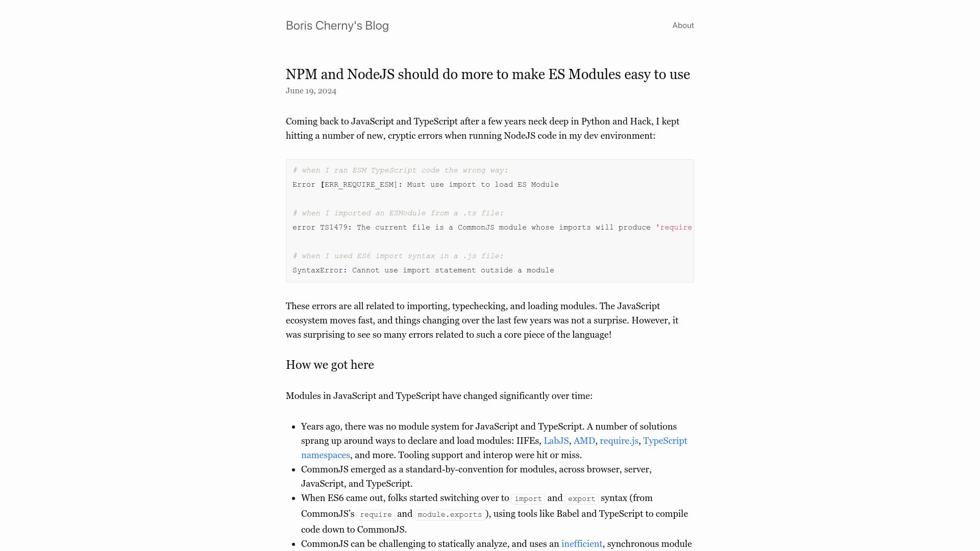 Screenshot of borischerny.com: NPM and NodeJS should do more to make ES Modules easy to use