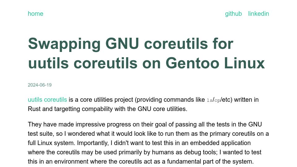 Screenshot of joshmcguigan.com: Swapping GNU coreutils for uutils coreutils on Gentoo Linux