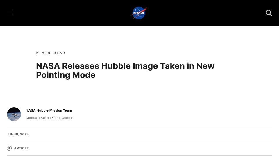 Screenshot of science.nasa.gov: NASA releases Hubble image taken in new pointing mode