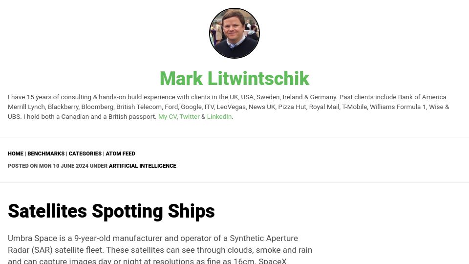 Screenshot of tech.marksblogg.com: Satellites Spotting Ships
