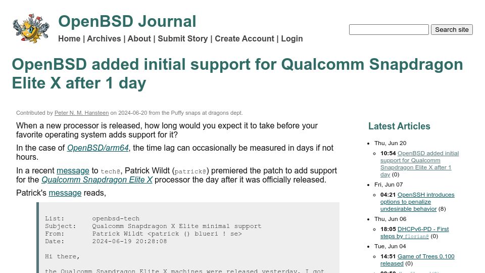 Screenshot of undeadly.org: OpenBSD added initial support for Qualcomm Snapdragon Elite X after 1 day