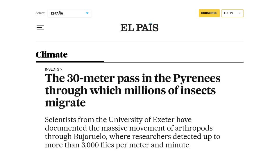 Screenshot of english.elpais.com: A 30-meter pass in the Pyrenees through which insects migrate