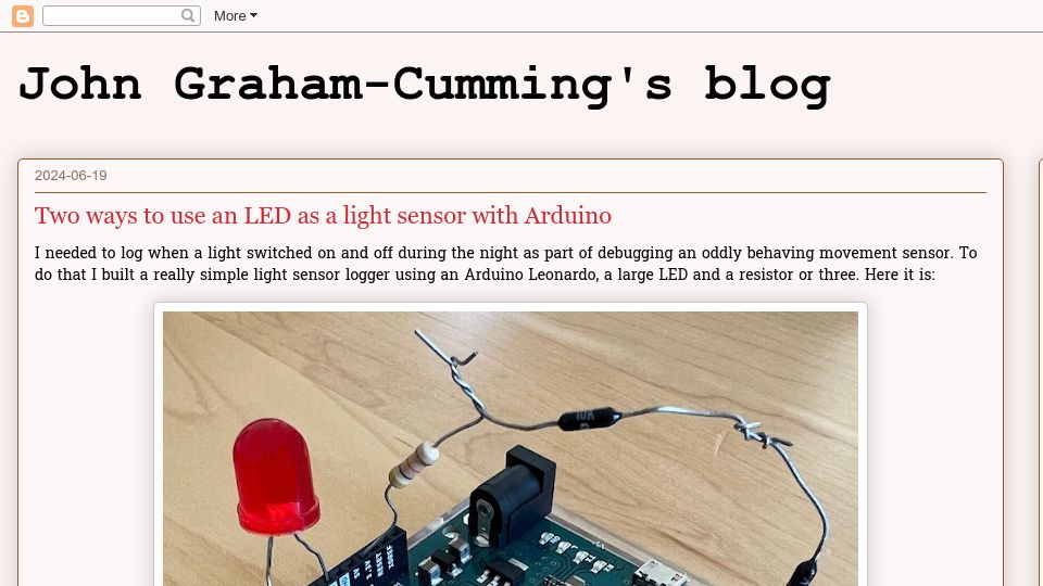 Screenshot of blog.jgc.org: Two ways to use an LED as a light sensor with Arduino