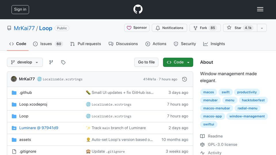 Screenshot of github.com: Loop: Open-source macOS window manager
