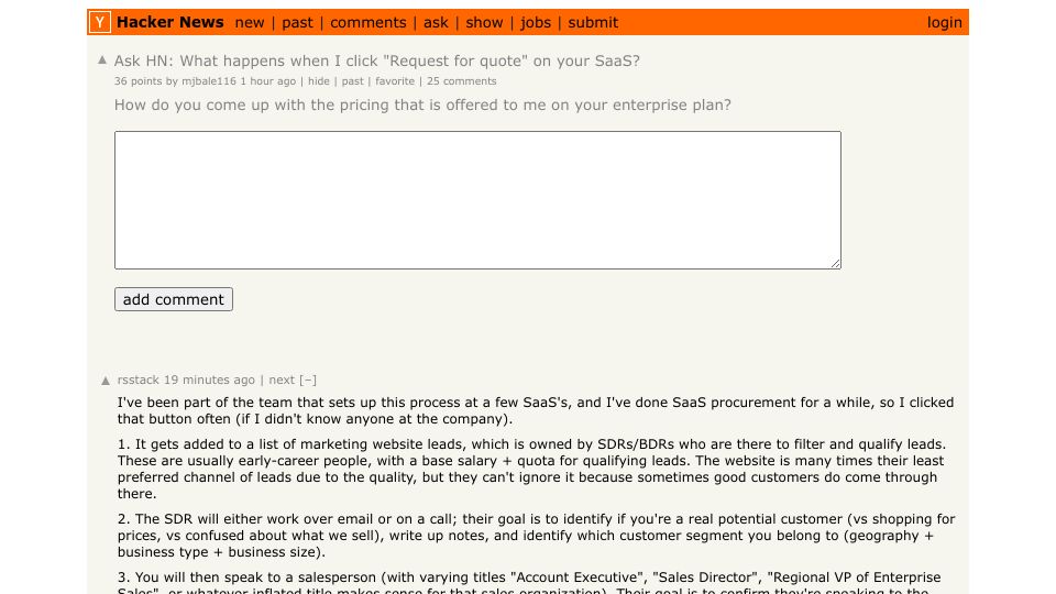 Screenshot of Hacker News post: Ask HN: What happens when I click "request for quote" on your SaaS?