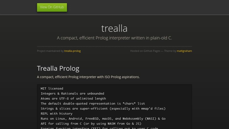 Screenshot of trealla-prolog.github.io: Trealla Prolog: Compact and efficient Prolog interpreter