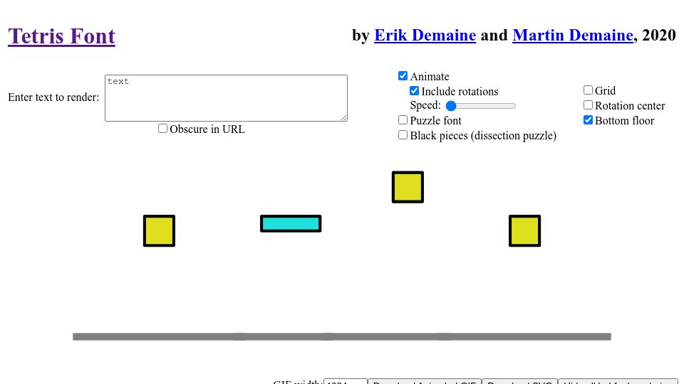Screenshot of erikdemaine.org: Tetris Font (2020)