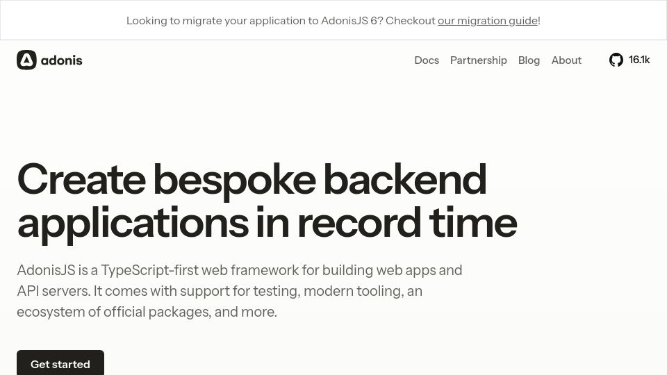 Screenshot of adonisjs.com: AdonisJS
