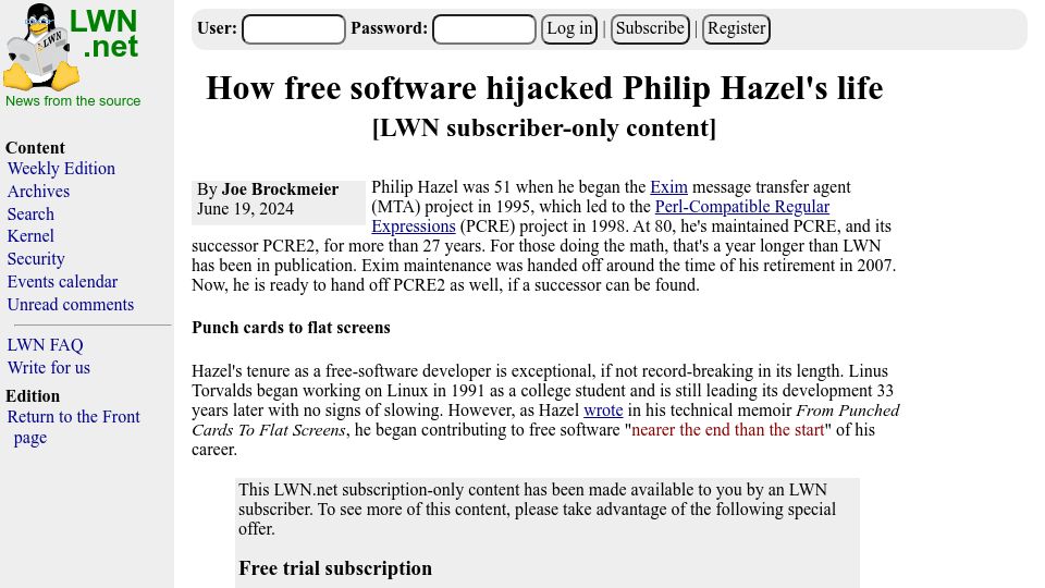 Screenshot of lwn.net: Free software hijacked Philip Hazel's life