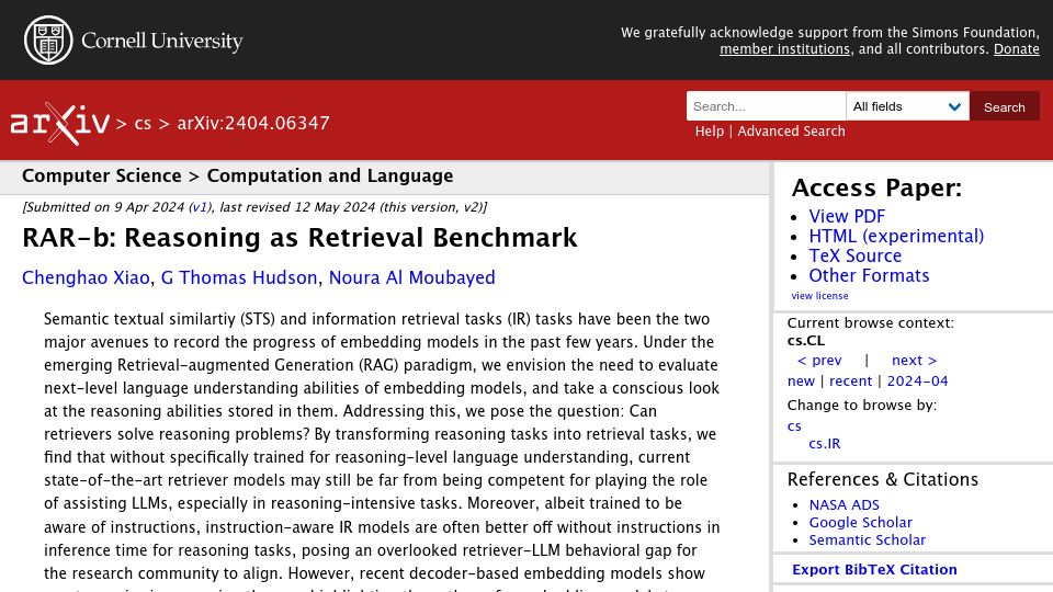Screenshot of arxiv.org: RAR-B: Reasoning as Retrieval Benchmark
