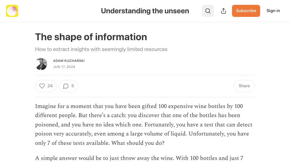 Screenshot of kucharski.substack.com: The shape of information