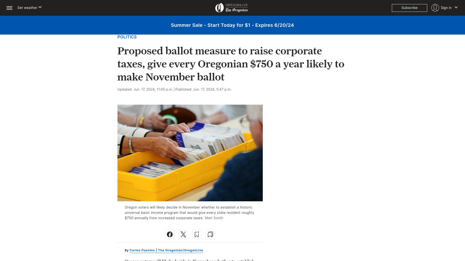 Screenshot of oregonlive.com: Proposed ballot measure to raise corporate taxes, give every Oregonian $750/year