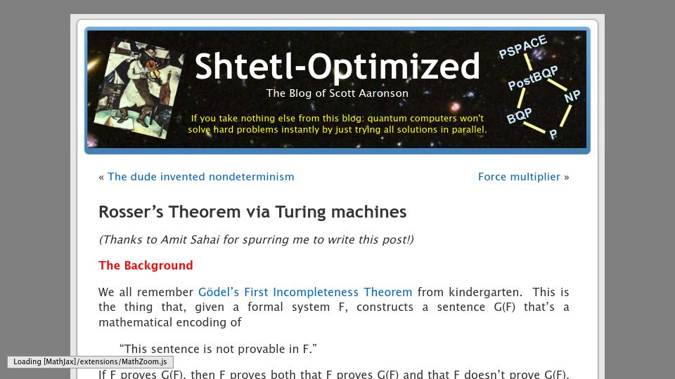 Screenshot of scottaaronson.blog: Rosser's Theorem via Turing Machines (2011)