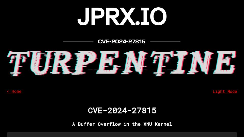 Screenshot of jprx.io: A buffer overflow in the XNU kernel