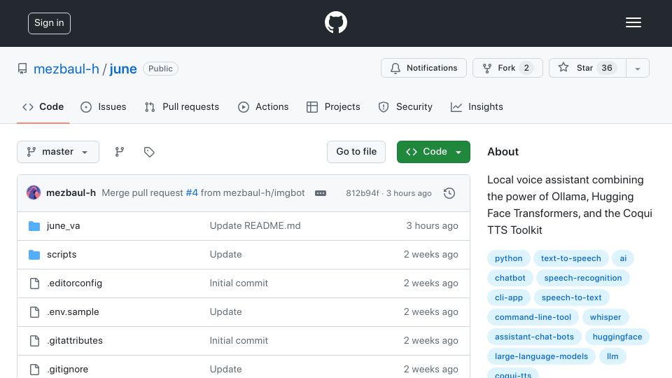 Screenshot of github.com: Show HN: Local voice assistant using Ollama, transformers and Coqui TTS toolkit