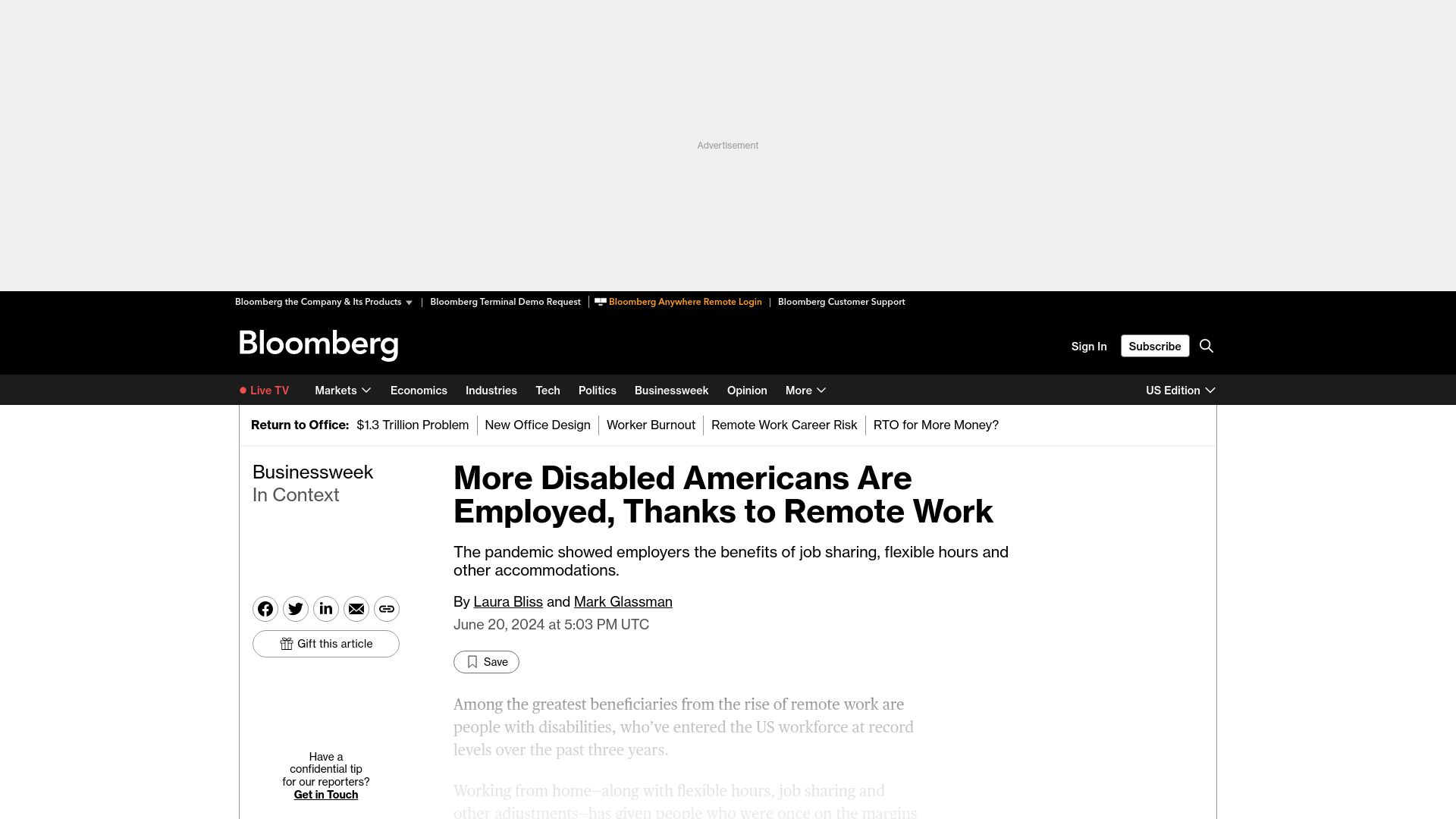 Screenshot of bloomberg.com: More disabled Americans are employed, thanks to remote work