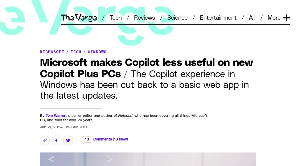 Screenshot of theverge.com: Microsoft makes Copilot less useful on new Copilot Plus PCs