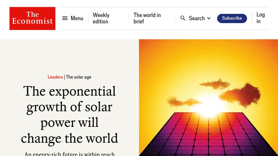 Screenshot of economist.com: The exponential growth of solar power will change the world