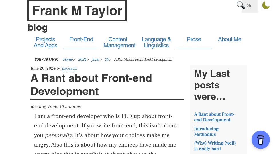 Screenshot of blog.frankmtaylor.com: A Rant about Front-end Development