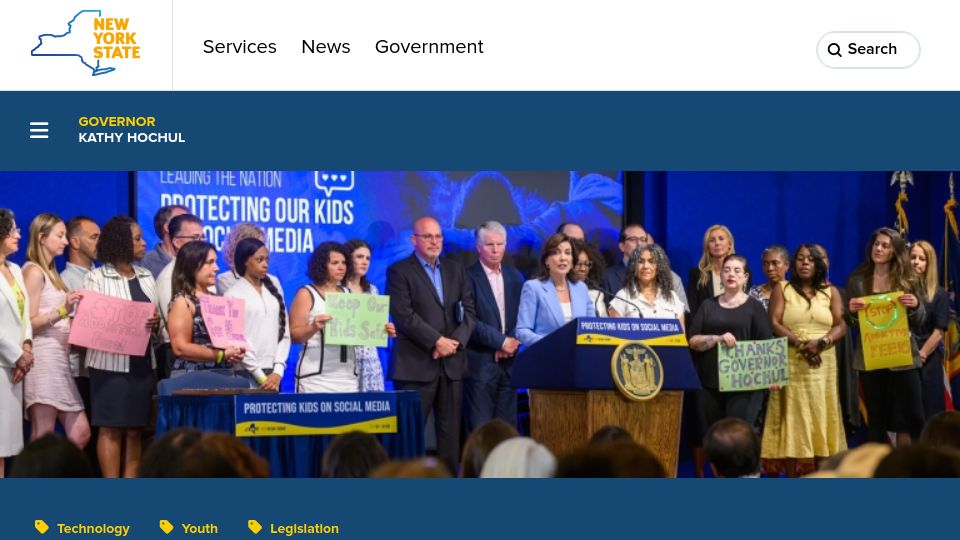 Screenshot of governor.ny.gov: New York Establishes Stringent Protections to Safeguard Kids on Social Media