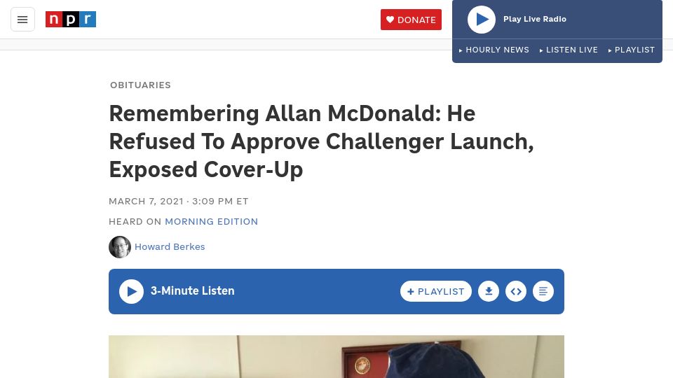 Screenshot of npr.org: Allan McDonald refused to approve Challenger launch, exposed cover-up (2021)