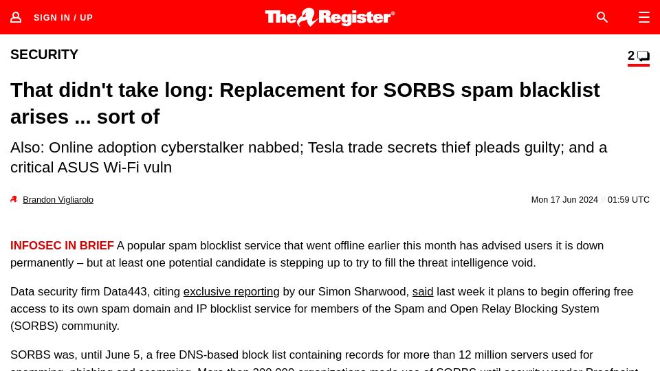 Screenshot of theregister.com: The first attempt to replace SORBS didn't take long