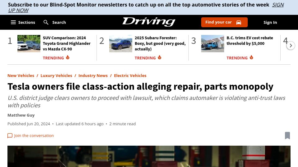 Screenshot of driving.ca: Tesla owners file class-action alleging repair, parts monopoly
