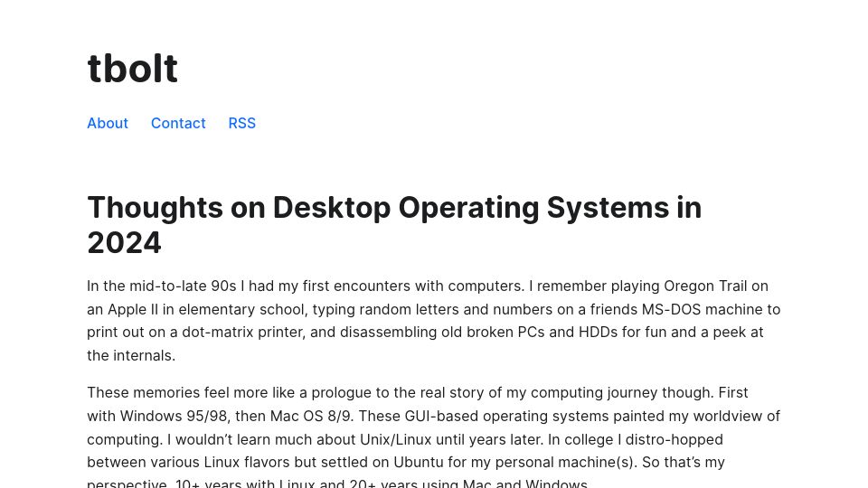 Screenshot of tbolt.space: Thoughts on desktop operating systems