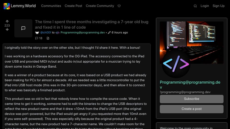 Screenshot of lemmy.world: Spending 3 months investigating a 7-year old bug and fixing it in 1 line of code