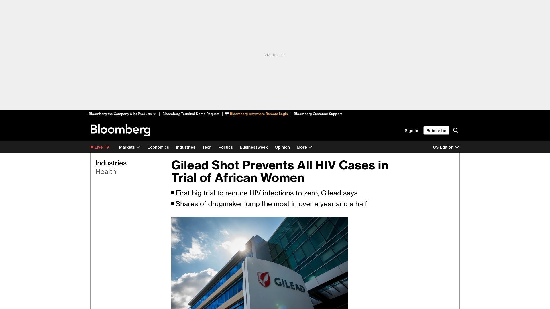 Screenshot of bloomberg.com: Gilead shot prevents all HIV cases in trial
