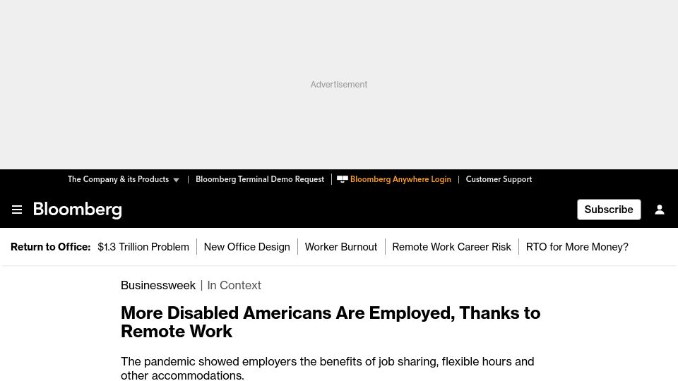 Screenshot of bloomberg.com: More disabled Americans are employed, thanks to remote work