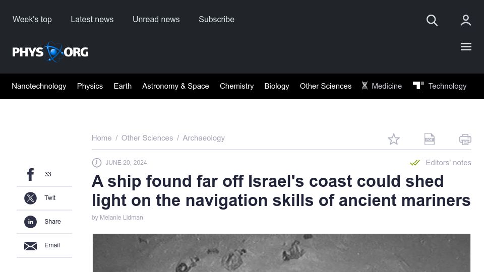 Screenshot of phys.org: A ship off Israel's coast could shed light on the navigation of ancient mariners