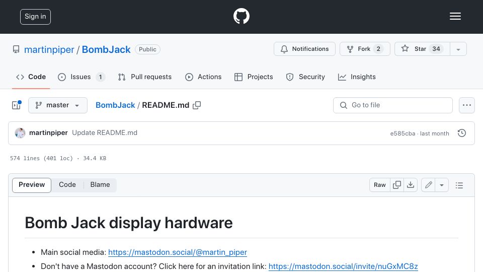 Screenshot of github.com: Bomb Jack display hardware