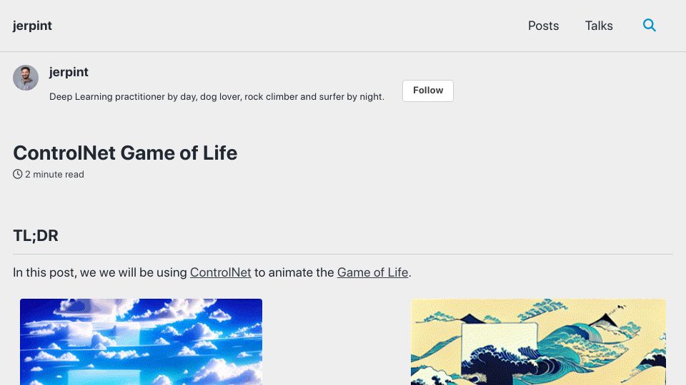 Screenshot of jerpint.io: ControlNet Game of Life