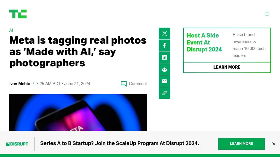 Screenshot of techcrunch.com: Meta is tagging real photos as 'Made with AI'