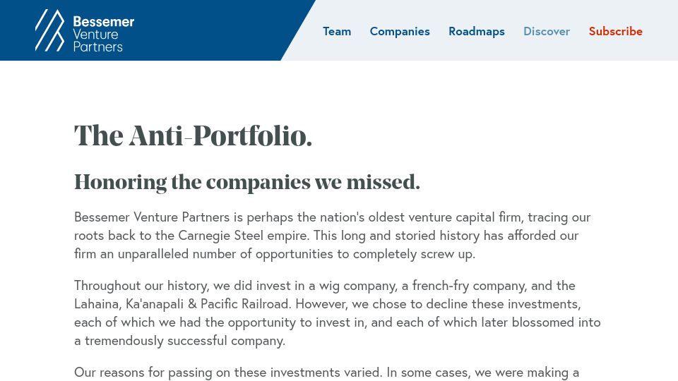 Screenshot of bvp.com: Bessemer Venture Partners' Anti-Portfolio