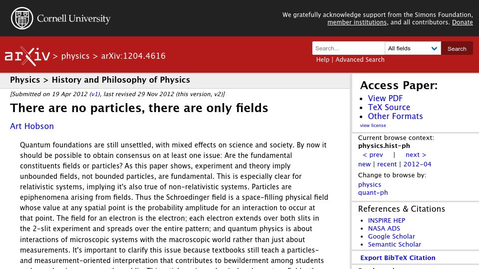 Screenshot of arxiv.org: There are no particles, there are only fields (2012)