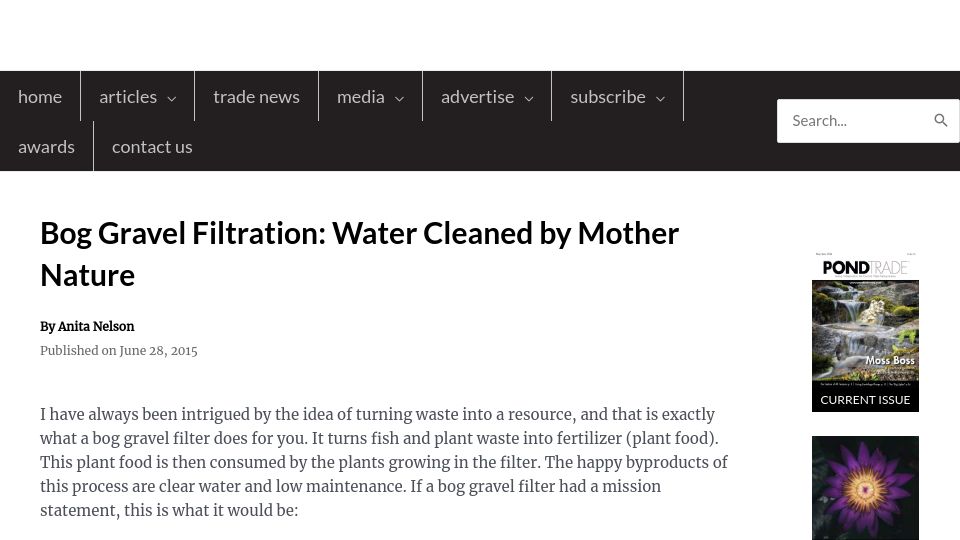 Screenshot of pondtrademag.com: Bog gravel filtration: Water cleaned by Mother Nature (2015)