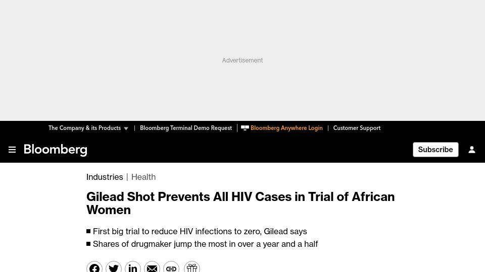 Screenshot of bloomberg.com: Gilead shot prevents all HIV cases in trial