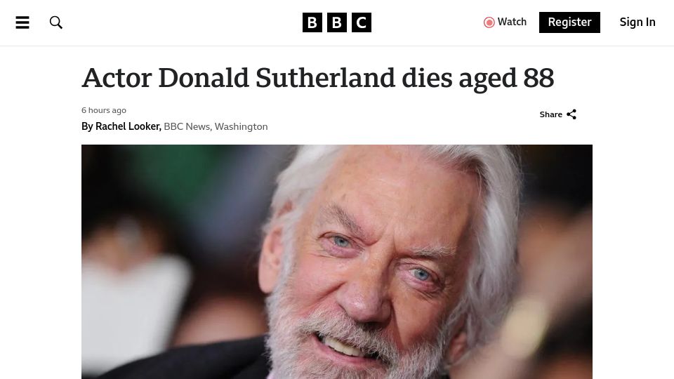 Screenshot of bbc.com: Donald Sutherland has died