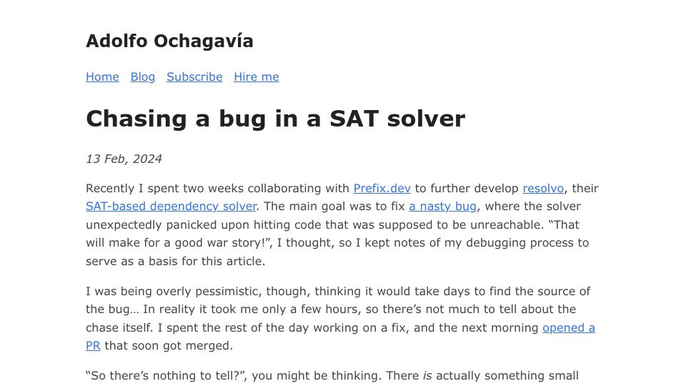 Screenshot of ochagavia.nl: Chasing a Bug in a SAT Solver