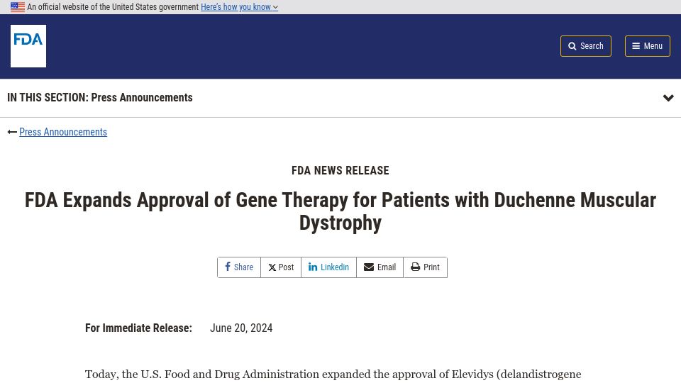 Screenshot of fda.gov: FDA Expands Approval of Gene Therapy for Patients with Muscular Dystrophy
