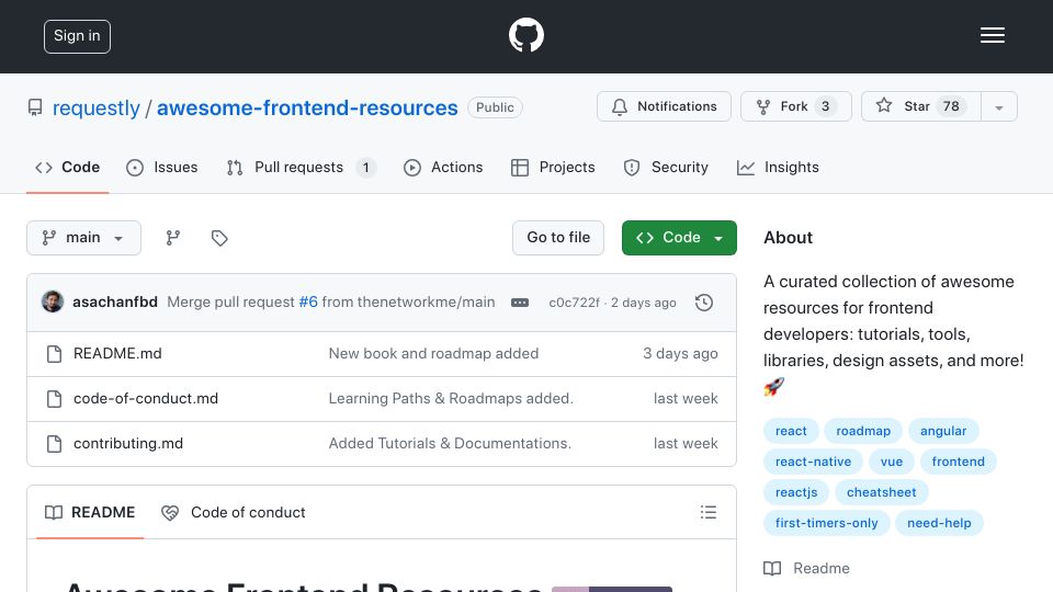 Screenshot of github.com: Show HN: A collection of front end Learning Resources