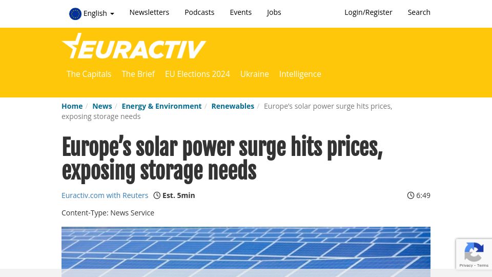 Screenshot of euractiv.com: Europe's solar power surge hits prices, exposing storage needs
