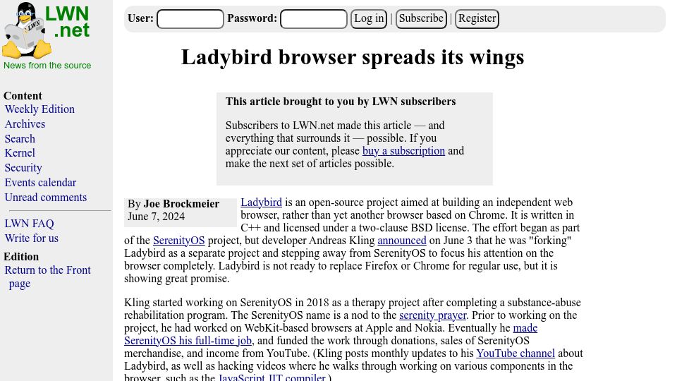 Screenshot of lwn.net: Ladybird browser spreads its wings