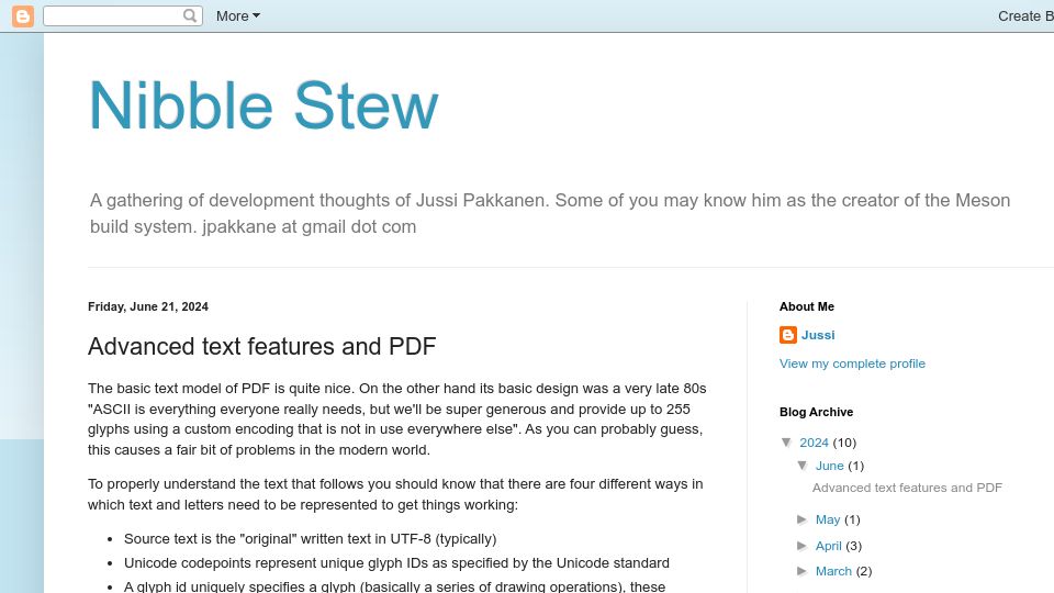 Screenshot of nibblestew.blogspot.com: Advanced text features and PDF