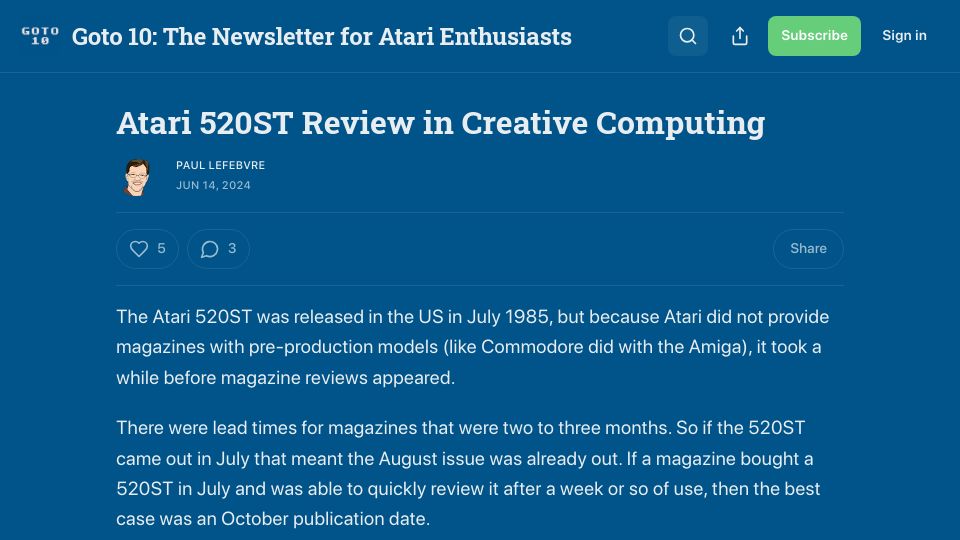 Screenshot of goto10retro.com: Atari 520ST Review in Creative Computing – By Paul Lefebvre
