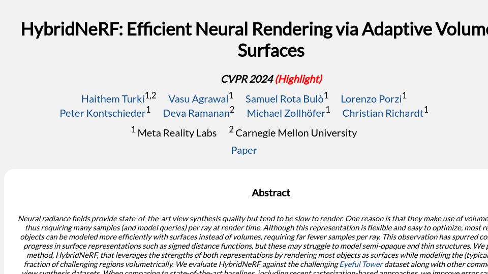 Screenshot of haithemturki.com: HybridNeRF: Efficient Neural Rendering