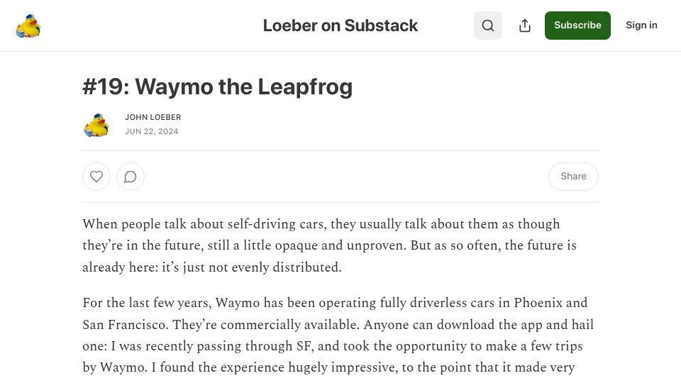 Screenshot of loeber.substack.com: Waymo the Leapfrog